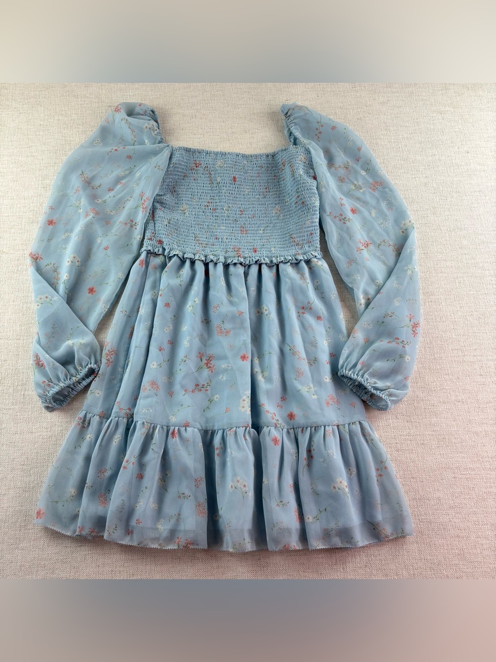 Aritzia Wilfred women XS Floral Smocked tiered Dress Puff Sleeves flowy blue